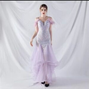 Purple, V Neck, Abstract Print, Ostrich Feathers, Tulle, Mermaid Gown